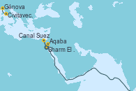 Visitando Sharm El Sheik (Egipto), Aqaba (Jordania), Canal Suez, Canal Suez, Civitavecchia (Roma), Génova (Italia)