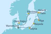 Visitando Warnemunde (Alemania), Gdynia (Polonia), Klaipeda (Lituania), Riga (Letonia), Tallin (Estonia), Helsinki (Finlandia), Estocolmo (Suecia), Estocolmo (Suecia), Copenhague (Dinamarca)