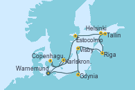 Visitando Warnemunde (Alemania), Gdynia (Polonia), Visby (Suecia), Riga (Letonia), Tallin (Estonia), Helsinki (Finlandia), Estocolmo (Suecia), Estocolmo (Suecia), Copenhague (Dinamarca), Karlskrona (Suecia), Warnemunde (Alemania)