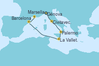 Visitando Génova (Italia), Civitavecchia (Roma), Palermo (Italia), La Valletta (Malta), Barcelona, Marsella (Francia)