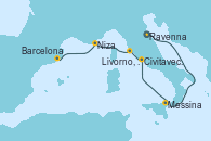 Visitando Ravenna (Italia), Messina (Sicilia), Civitavecchia (Roma), Livorno, Pisa y Florencia (Italia), Niza (Francia), Barcelona