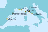 Visitando Barcelona, Valencia, Toulon (Francia), Niza (Francia), Ajaccio (Córcega), Livorno, Pisa y Florencia (Italia), Civitavecchia (Roma)