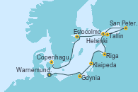 Visitando Warnemunde (Alemania), Gdynia (Polonia), Klaipeda (Lituania), Riga (Letonia), Tallin (Estonia), San Petersburgo (Rusia), San Petersburgo (Rusia), Helsinki (Finlandia), Estocolmo (Suecia), Copenhague (Dinamarca)