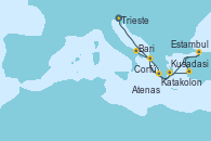 Visitando Trieste (Italia), Katakolon (Olimpia/Grecia), Atenas (Grecia), Kusadasi (Efeso/Turquía), Estambul (Turquía), Corfú (Grecia), Bari (Italia)