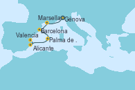 Visitando Génova (Italia), Marsella (Francia), Barcelona, Palma de Mallorca (España), Alicante (España), Valencia