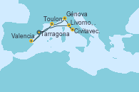 Visitando Tarragona (España), Toulon (Francia), Génova (Italia), Civitavecchia (Roma), Livorno, Pisa y Florencia (Italia), Valencia, Tarragona (España)