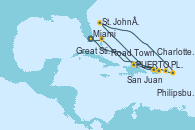 Visitando Miami (Florida/EEUU), Puerto Plata, Republica Dominicana, San Juan (Puerto Rico), Charlotte Amalie (St. Thomas), St. John´s (Antigua y Barbuda), Philipsburg (St. Maarten), Road Town (Isla Tórtola/Islas Vírgenes), Great Stirrup Cay (Bahamas), Miami (Florida/EEUU)