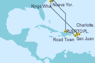 Visitando Nueva York (Estados Unidos), Puerto Plata, Republica Dominicana, San Juan (Puerto Rico), Road Town (Isla Tórtola/Islas Vírgenes), Charlotte Amalie (St. Thomas), Kings Wharf (Bermudas), Nueva York (Estados Unidos)