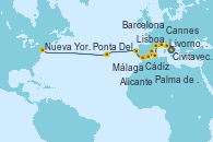 Visitando Civitavecchia (Roma), Livorno, Pisa y Florencia (Italia), Cannes (Francia), Barcelona, Palma de Mallorca (España), Alicante (España), Málaga, Cádiz (España), Lisboa (Portugal), Ponta Delgada (Azores), Nueva York (Estados Unidos)