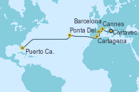 Visitando Civitavecchia (Roma), Cannes (Francia), Barcelona, Cartagena (Murcia), Ponta Delgada (Azores), Puerto Cañaveral (Florida)