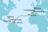 Visitando Barcelona, Cartagena (Murcia), Málaga, Funchal (Madeira), St. John´s (Antigua y Barbuda), San Juan (Puerto Rico), Great Stirrup Cay (Bahamas), Miami (Florida/EEUU)