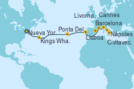 Visitando Nueva York (Estados Unidos), Kings Wharf (Bermudas), Ponta Delgada (Azores), Lisboa (Portugal), Barcelona, Cannes (Francia), Livorno, Pisa y Florencia (Italia), Nápoles (Italia), Civitavecchia (Roma)