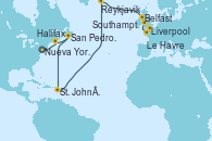 Visitando Nueva York (Estados Unidos), Halifax (Canadá), San Pedro y Miquelón (Francia), St. John´s (Antigua y Barbuda), Reykjavik (Islandia), Reykjavik (Islandia), Belfast (Irlanda), Liverpool (Reino Unido), Le Havre (Francia), Southampton (Inglaterra)