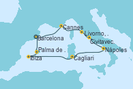 Visitando Barcelona, Cannes (Francia), Livorno, Pisa y Florencia (Italia), Livorno, Pisa y Florencia (Italia), Civitavecchia (Roma), Nápoles (Italia), Cagliari (Cerdeña), Ibiza (España), Palma de Mallorca (España), Barcelona