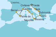 Visitando Trieste (Italia), Split (Croacia), Dubrovnik (Croacia), Corfú (Grecia), Messina (Sicilia), Nápoles (Italia), Civitavecchia (Roma), Livorno, Pisa y Florencia (Italia), Cannes (Francia), Palma de Mallorca (España), Barcelona