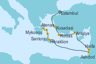 Visitando Estambul (Turquía), Kusadasi (Efeso/Turquía), Rodas (Grecia), Antalya (Turquía), Haifa (Israel), Ashdod (Israel), Heraklion (Creta), Santorini (Grecia), Mykonos (Grecia), Atenas (Grecia)