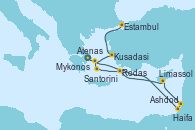 Visitando Atenas (Grecia), Ashdod (Israel), Haifa (Israel), Limassol (Chipre), Rodas (Grecia), Santorini (Grecia), Mykonos (Grecia), Kusadasi (Efeso/Turquía), Estambul (Turquía)