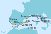 Visitando Civitavecchia (Roma), Nápoles (Italia), Livorno, Pisa y Florencia (Italia), Marsella (Francia), Barcelona, Palma de Mallorca (España), Ibiza (España), Cartagena (Murcia), Málaga, Cádiz (España), Lisboa (Portugal)