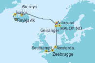 Visitando Reykjavik (Islandia), Ísafjörður (Islandia), Akureyri (Islandia), Aalesund (Noruega), MALOY, NORWAY, Geiranger (Noruega), Ámsterdam (Holanda), Zeebrugge (Bruselas), Southampton (Inglaterra)