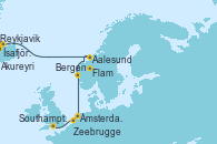 Visitando Reykjavik (Islandia), Ísafjörður (Islandia), Akureyri (Islandia), Aalesund (Noruega), Flam (Noruega), Bergen (Noruega), Ámsterdam (Holanda), Zeebrugge (Bruselas), Southampton (Inglaterra)