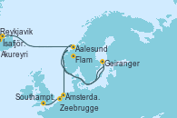 Visitando Reykjavik (Islandia), Ísafjörður (Islandia), Akureyri (Islandia), Aalesund (Noruega), Geiranger (Noruega), Flam (Noruega), Ámsterdam (Holanda), Zeebrugge (Bruselas), Southampton (Inglaterra)