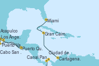 Visitando Los Ángeles (California), Cabo San Lucas (México), Puerto Vallarta (México), Acapulco (México), Puerto Quetzal (Guatemala), Ciudad de Panamá (Panamá), Ciudad de Panamá (Panamá), Canal Panamá, Cartagena de Indias (Colombia), Gran Caimán (Islas Caimán), Miami (Florida/EEUU)
