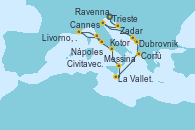 Visitando Trieste (Italia), Zadar (Croacia), Ravenna (Italia), Dubrovnik (Croacia), Kotor (Montenegro), Corfú (Grecia), La Valletta (Malta), Messina (Sicilia), Nápoles (Italia), Livorno, Pisa y Florencia (Italia), Cannes (Francia), Civitavecchia (Roma)