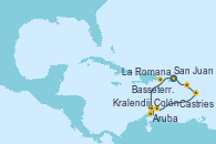 Visitando San Juan (Puerto Rico), La Romana (República Dominicana), Aruba (Antillas), Colón, Kralendijk (Antillas), Castries (Santa Lucía/Caribe), Basseterre (Antillas), San Juan (Puerto Rico)