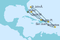 Visitando Miami (Florida/EEUU), Puerto Plata, Republica Dominicana, Bridgetown (Barbados), St. John´s (Antigua y Barbuda), San Juan (Puerto Rico), Great Stirrup Cay (Bahamas), Miami (Florida/EEUU)