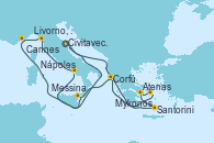 Visitando Civitavecchia (Roma), Santorini (Grecia), Atenas (Grecia), Mykonos (Grecia), Corfú (Grecia), Messina (Sicilia), Nápoles (Italia), Livorno, Pisa y Florencia (Italia), Cannes (Francia), Civitavecchia (Roma)