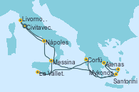 Visitando Civitavecchia (Roma), Santorini (Grecia), Atenas (Grecia), Mykonos (Grecia), Corfú (Grecia), La Valletta (Malta), Messina (Sicilia), Nápoles (Italia), Livorno, Pisa y Florencia (Italia), Civitavecchia (Roma)