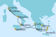 Visitando Civitavecchia (Roma), Santorini (Grecia), Mykonos (Grecia), Atenas (Grecia), Corfú (Grecia), La Valletta (Malta), Messina (Sicilia), Nápoles (Italia), Livorno, Pisa y Florencia (Italia), Civitavecchia (Roma)