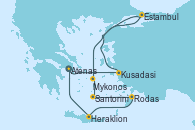 Visitando Atenas (Grecia), Kusadasi (Efeso/Turquía), Estambul (Turquía), Mykonos (Grecia), Santorini (Grecia), Rodas (Grecia), Heraklion (Creta), Atenas (Grecia)