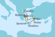 Visitando Atenas (Grecia), Tesalónica (Grecia), Mykonos (Grecia), Santorini (Grecia), Bodrum (Turquia), Rodas (Grecia), Heraklion (Creta), Atenas (Grecia)