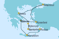 Visitando Atenas (Grecia), Kusadasi (Efeso/Turquía), Estambul (Turquía), Estambul (Turquía), Volos (Grecia), Mykonos (Grecia), Santorini (Grecia), Rodas (Grecia), Heraklion (Creta), Atenas (Grecia)