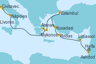 Visitando Haifa (Israel), Ashdod (Israel), Limassol (Chipre), Rodas (Grecia), Kusadasi (Efeso/Turquía), Estambul (Turquía), Mykonos (Grecia), Atenas (Grecia), Nápoles (Italia), Livorno, Pisa y Florencia (Italia), Civitavecchia (Roma)