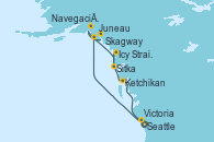 Visitando Seattle (Washington/EEUU), Juneau (Alaska), Skagway (Alaska), Navegación por Glaciar Hubbard (Alaska), Sitka (Alaska), Icy Strait Point (Alaska), Ketchikan (Alaska), Victoria (Canadá), Seattle (Washington/EEUU)