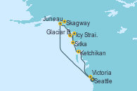Visitando Seattle (Washington/EEUU), Juneau (Alaska), Skagway (Alaska), Glaciar Bay (Alaska), Sitka (Alaska), Icy Strait Point (Alaska), Ketchikan (Alaska), Victoria (Canadá), Seattle (Washington/EEUU)
