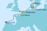 Visitando La Coruña (Galicia/España), Le Havre (Francia), Brujas (Bélgica), Rotterdam (Holanda), Skagen (Dinamarca), Kiel (Alemania), Copenhague (Dinamarca)