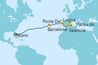 Visitando Miami (Florida/EEUU), Ponta Delgada (Azores), Lisboa (Portugal), Valencia, Palma de Mallorca (España), Barcelona