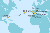 Visitando Barcelona, Cartagena (Murcia), Málaga, Cádiz (España), Lisboa (Portugal), Ponta Delgada (Azores), Miami (Florida/EEUU)