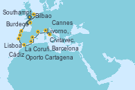 Visitando Southampton (Inglaterra), Burdeos (Francia), Bilbao (España), La Coruña (Galicia/España), Oporto (Portugal), Lisboa (Portugal), Cádiz (España), Cartagena (Murcia), Barcelona, Cannes (Francia), Livorno, Pisa y Florencia (Italia), Civitavecchia (Roma)