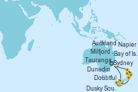 Visitando Sydney (Australia), Milfjord Sound (Nueva Zelanda), Doubtful Sound (Nueva Zelanda), Dusky Sound (Nueva Zelanda), Dunedin (Nueva Zelanda), Napier (Nueva Zelanda), Auckland (Nueva Zelanda), Tauranga (Nueva Zelanda), Bay of Islands (Nueva Zelanda), Sydney (Australia)