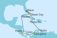 Visitando Miami (Florida/EEUU), Ocho Ríos (Jamaica), Aruba (Antillas), Cartagena de Indias (Colombia), Colón (Panamá), Puerto Limón (Costa Rica), Ocean Cay MSC Marine Reserve (Bahamas), Miami (Florida/EEUU), Nassau (Bahamas), Ocean Cay MSC Marine Reserve (Bahamas), Miami (Florida/EEUU)