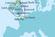 Visitando Southampton (Inglaterra), Portland, Dorset (Reino Unido), Cobh, Cork (Irlanda), Dublin (Irlanda), Greenock (Escocia), Kirkwall (Escocia), Invergordon (Escocia), South Queensferry (Escocia), Le Havre (Francia), Southampton (Inglaterra)