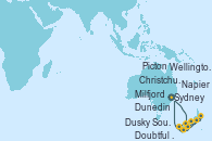Visitando Sydney (Australia), Milfjord Sound (Nueva Zelanda), Doubtful Sound (Nueva Zelanda), Dusky Sound (Nueva Zelanda), Dunedin (Nueva Zelanda), Christchurch (Nueva Zelanda), Wellington (Nueva Zelanda), Napier (Nueva Zelanda), Picton (Australia), Sydney (Australia)
