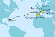 Visitando Miami (Florida/EEUU), Ponta Delgada (Azores), Málaga, Cartagena (Murcia), Barcelona, Toulon (Francia), Ajaccio (Córcega), Civitavecchia (Roma)