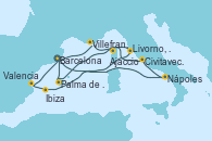 Visitando Barcelona, Nápoles (Italia), Civitavecchia (Roma), Ajaccio (Córcega), Palma de Mallorca (España), Barcelona, Villefranche (Niza/Mónaco/Francia), Livorno, Pisa y Florencia (Italia), Ibiza (España), Valencia, Barcelona