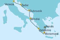 Visitando Atenas (Grecia), Monemvasia (Grecia), Katakolon (Olimpia/Grecia), Brindisi (Italia), Dubrovnik (Croacia), Zadar (Croacia), Venecia (Italia)