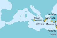 Visitando Haifa (Israel), Ashdod (Israel), Antalya (Turquía), Marmaris (Turquía), Aghios Nikolaos (Grecia), Milos (Grecia), Atenas (Grecia)